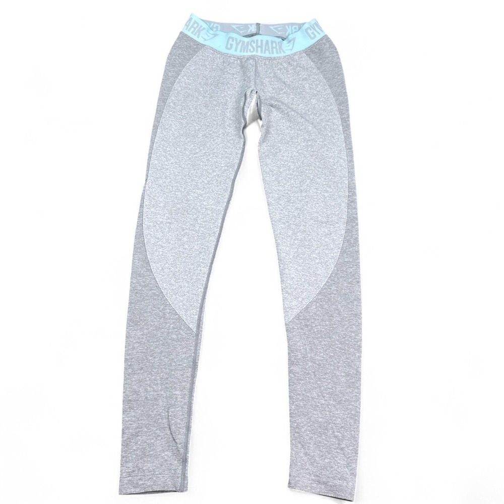 Gymshark Flex Leggings Womens Size Small Gray Light Blue Big Logo Athleisure